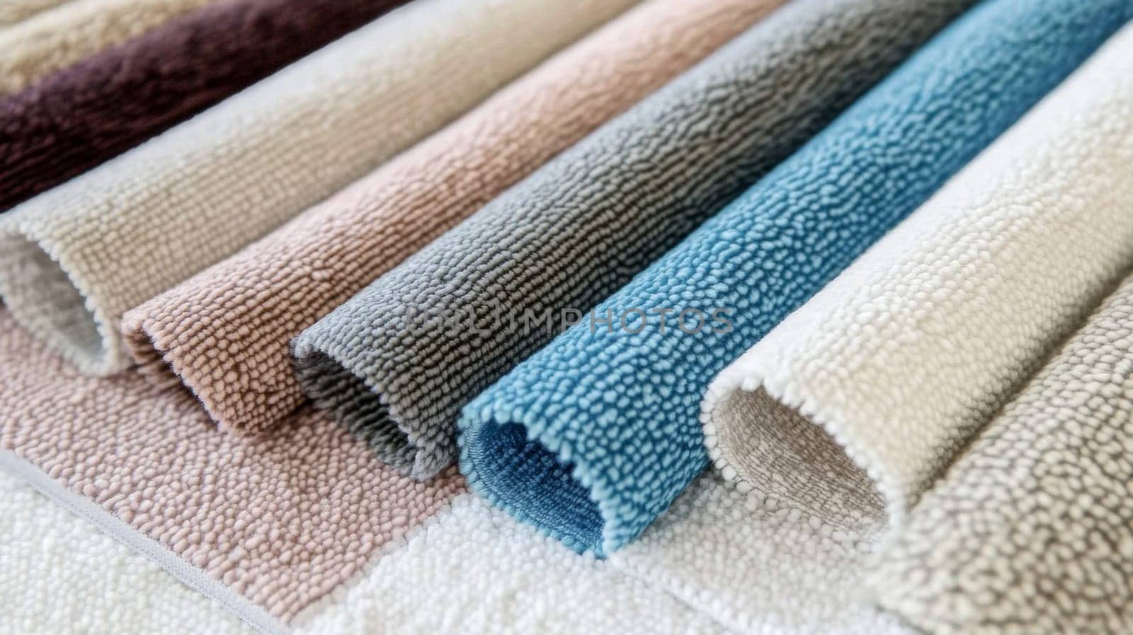 Chenille Fabric samples in various neutral colors close up arranged, texture detail, interior design palette background, AI Generated
