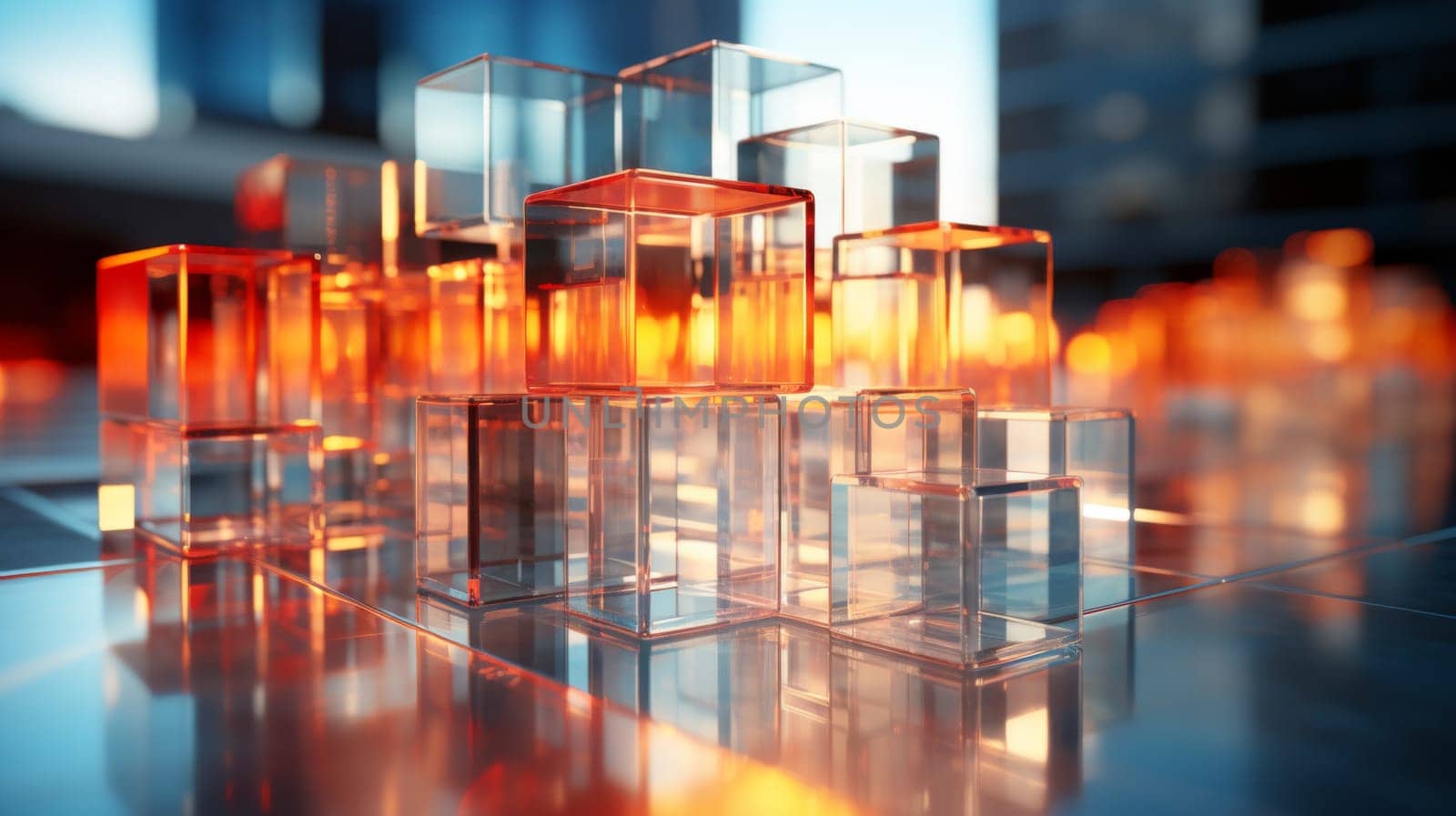 Abstract background of reflective neon purple, blue and orange glass cubes with copy space, AI generated