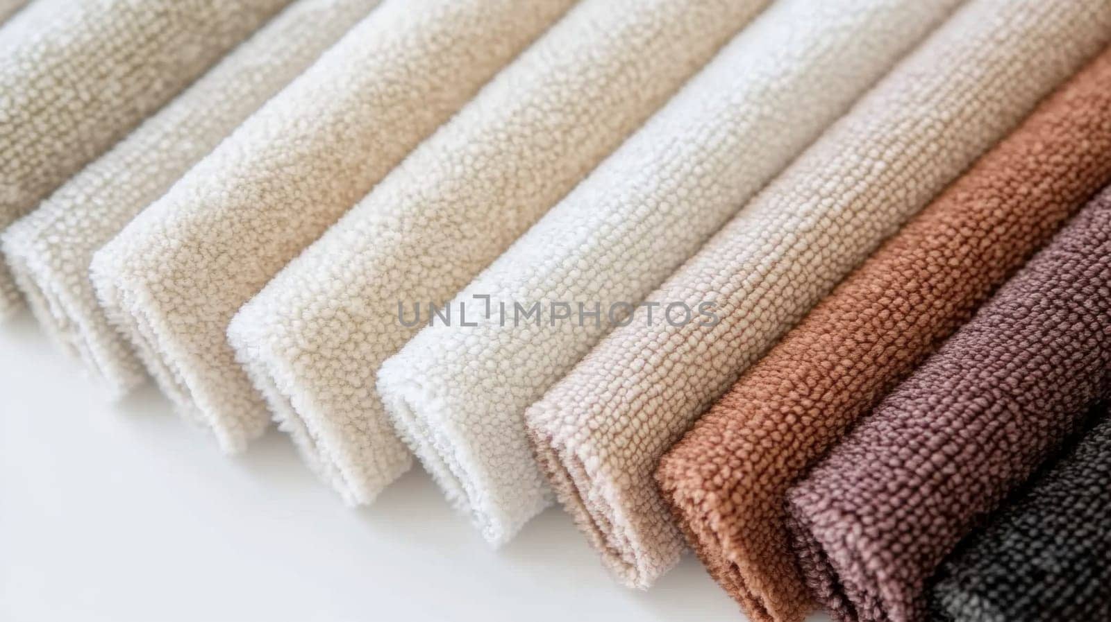 Chenille Fabric samples in various neutral colors close up arranged, texture detail, interior design palette background, AI Generated