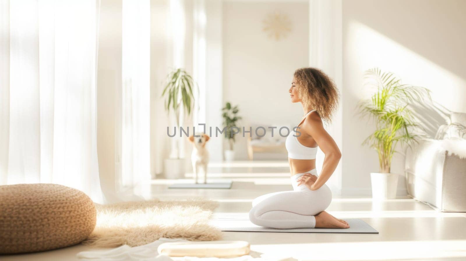Woman practicing yoga in bright room with dog in background, AI Generated