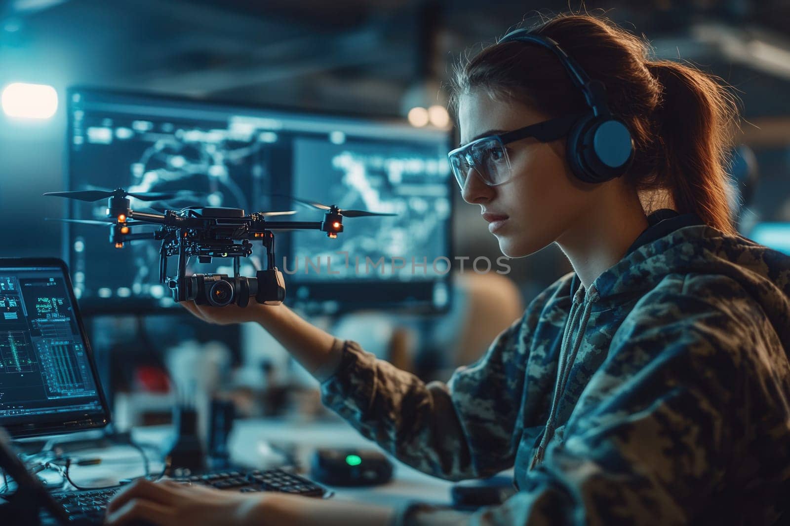 Military specialist working with surveillance drone and computer in high tech environment
