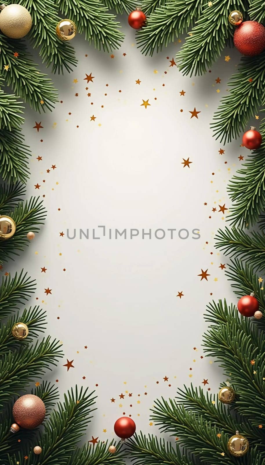 Fir tree branches create a festive border, with scattered golden stars and lights enhancing the joyful atmosphere of Christmas and New Year celebrations, evoking warmth and cheer. Generative AI.