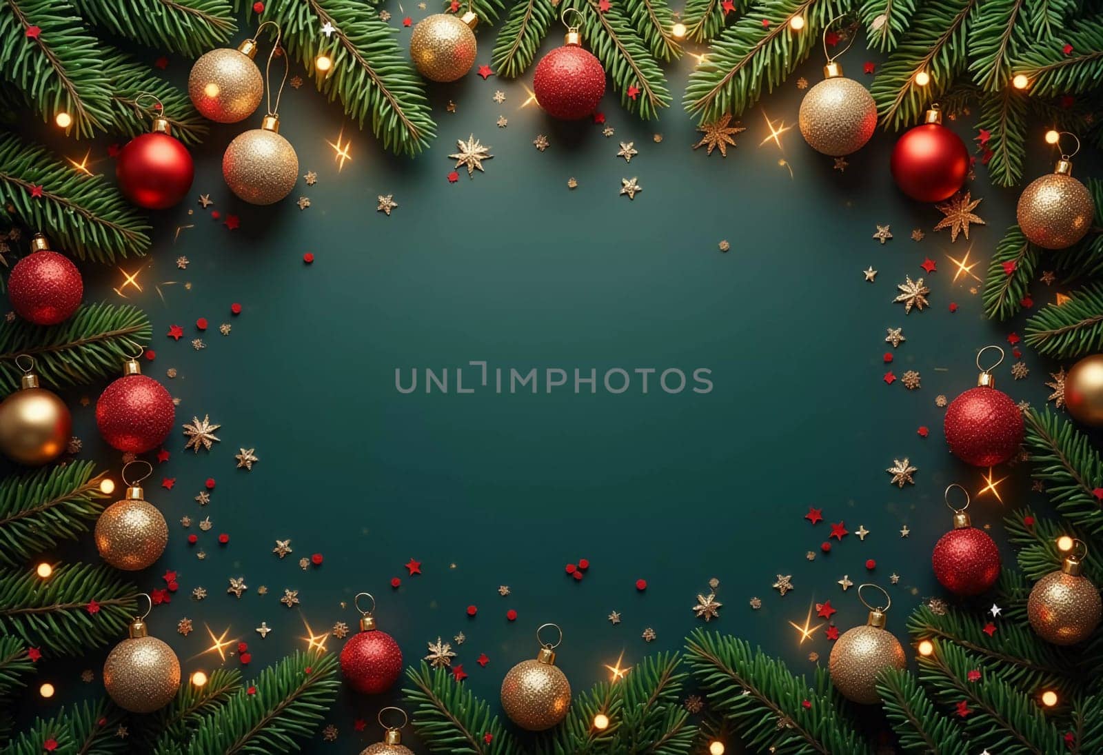 Fir tree branches frame a serene green backdrop, adorned with golden ornaments and stars, creating a warm, inviting atmosphere perfect for holiday festivities and celebrations. Generative AI.