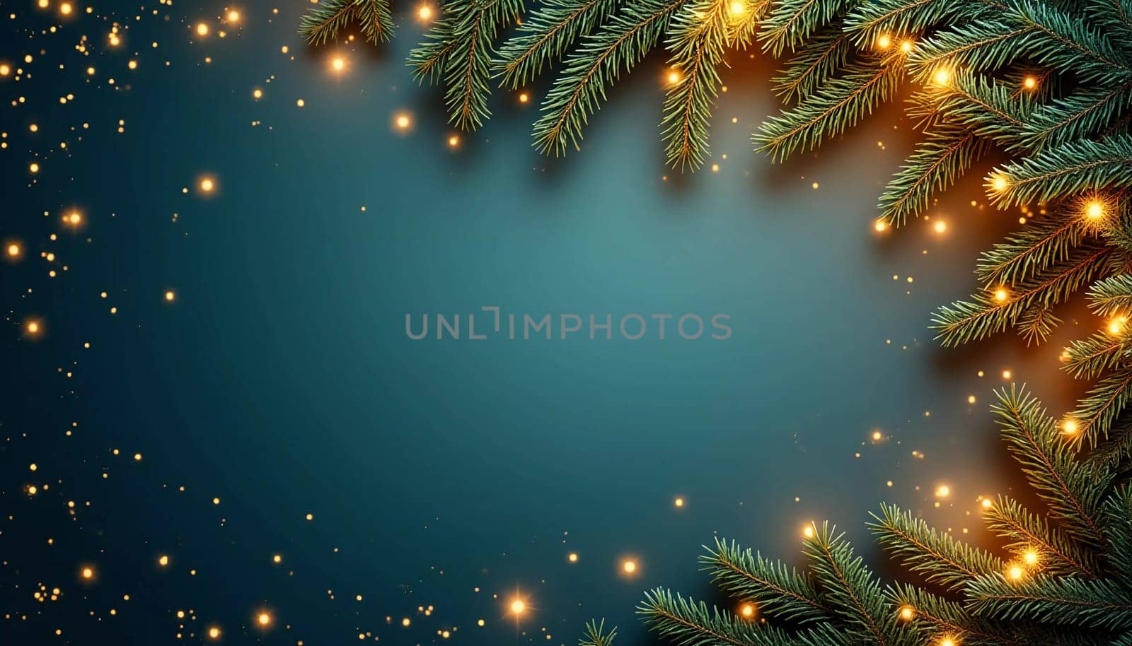 Fir tree branches frame a serene green backdrop, adorned with golden ornaments and stars, creating a warm, inviting atmosphere perfect for holiday festivities and celebrations. Generative AI.