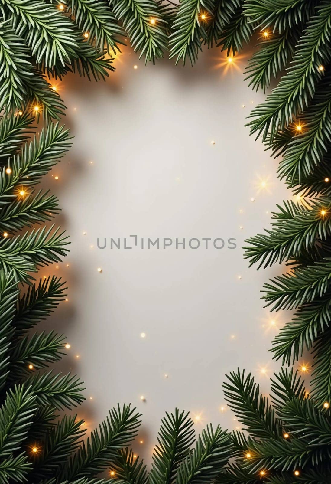Fir tree branches create a festive border, with scattered golden stars and lights enhancing the joyful atmosphere of Christmas and New Year celebrations, evoking warmth and cheer. Generative AI.