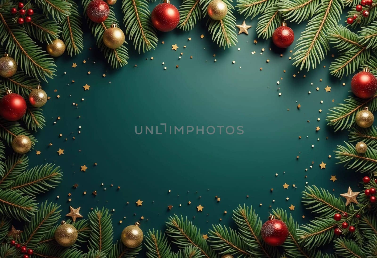 Fir tree branches frame a serene green backdrop, adorned with golden ornaments and stars, creating a warm, inviting atmosphere perfect for holiday festivities and celebrations. Generative AI.