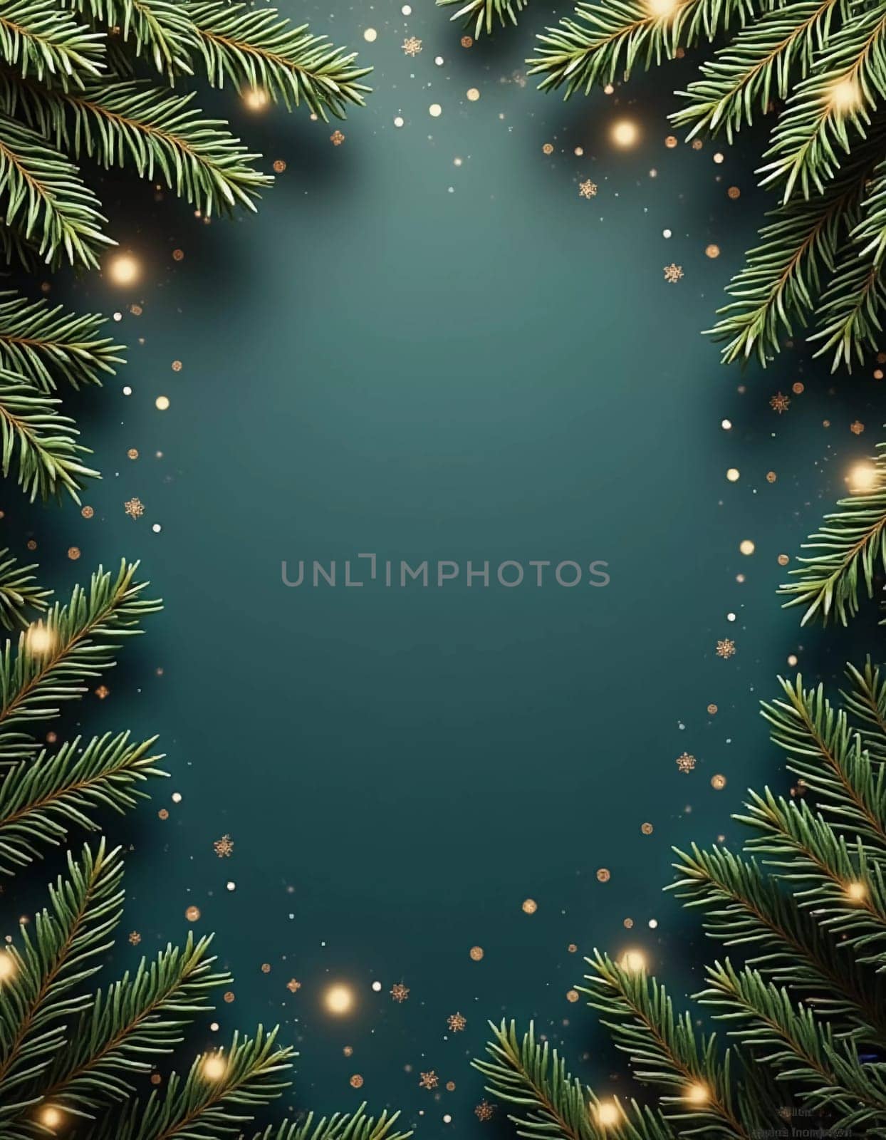Fir tree branches frame a serene green backdrop, adorned with golden ornaments and stars, creating a warm, inviting atmosphere perfect for holiday festivities and celebrations. Generative AI.