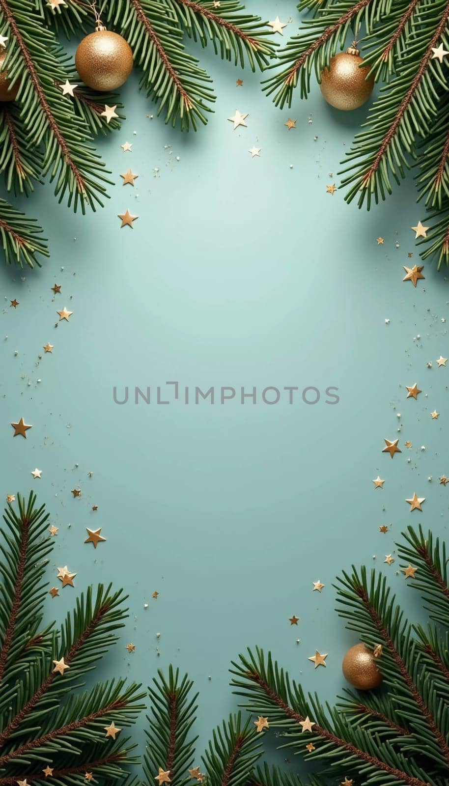 Fir tree branches frame a serene green backdrop, adorned with golden ornaments and stars, creating a warm, inviting atmosphere perfect for holiday festivities and celebrations. Generative AI.