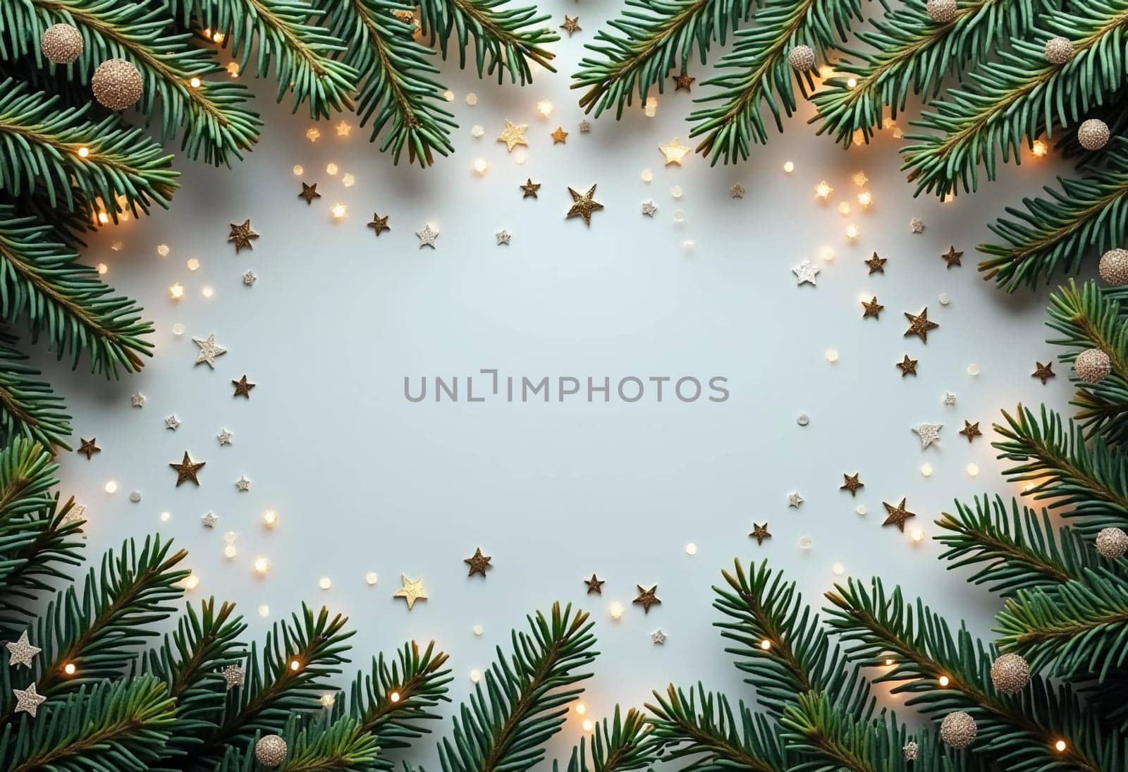 Fir tree branches frame a serene blue backdrop, adorned with golden ornaments and stars, creating a warm, inviting atmosphere perfect for holiday festivities and celebrations. Generative AI.