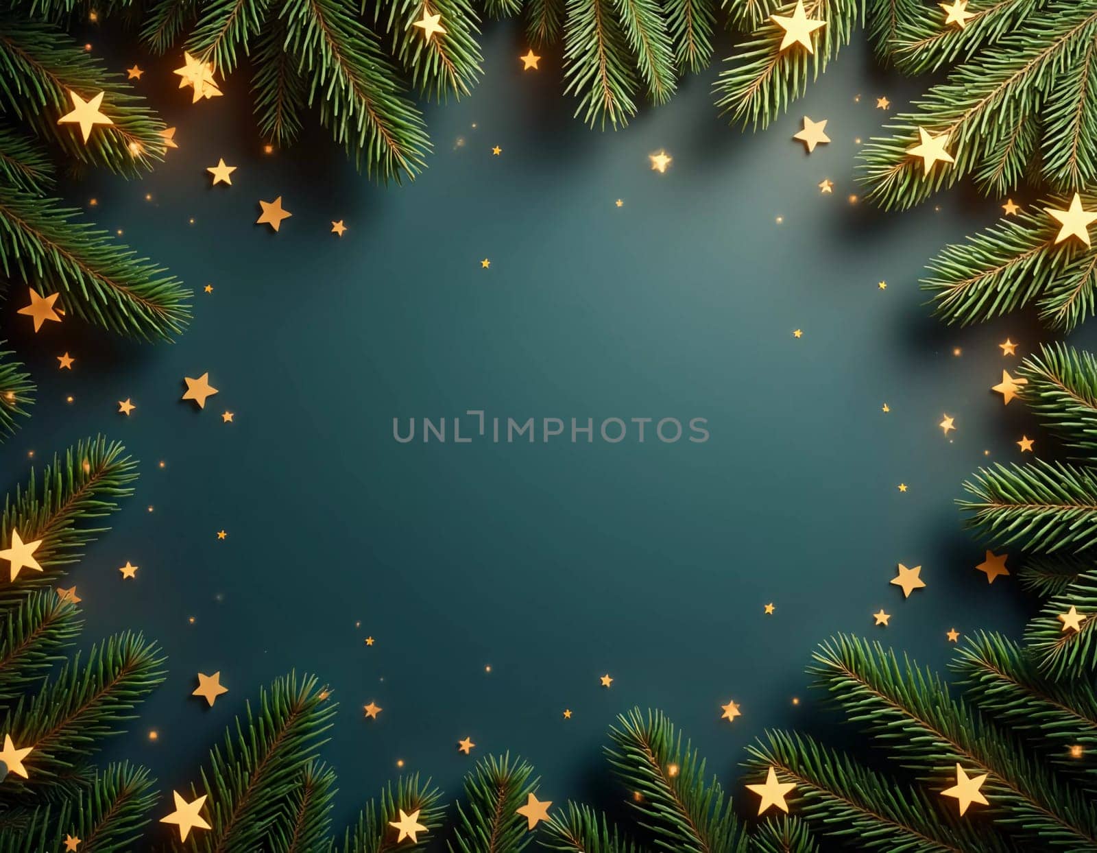 Fir tree branches frame a serene green backdrop, adorned with golden ornaments and stars, creating a warm, inviting atmosphere perfect for holiday festivities and celebrations. Generative AI.