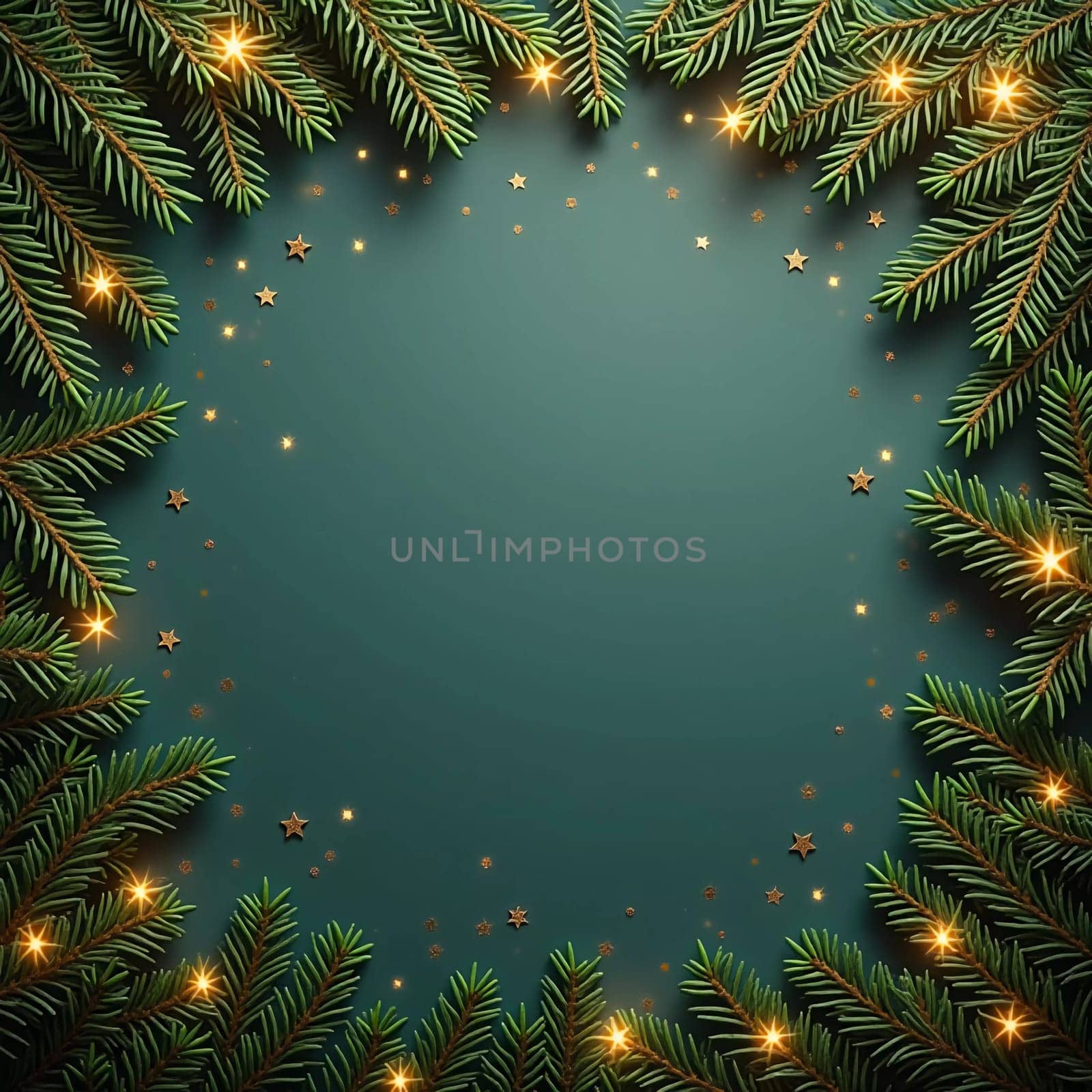 Fir tree branches frame a serene green backdrop, adorned with golden ornaments and stars, creating a warm, inviting atmosphere perfect for holiday festivities and celebrations. Generative AI.