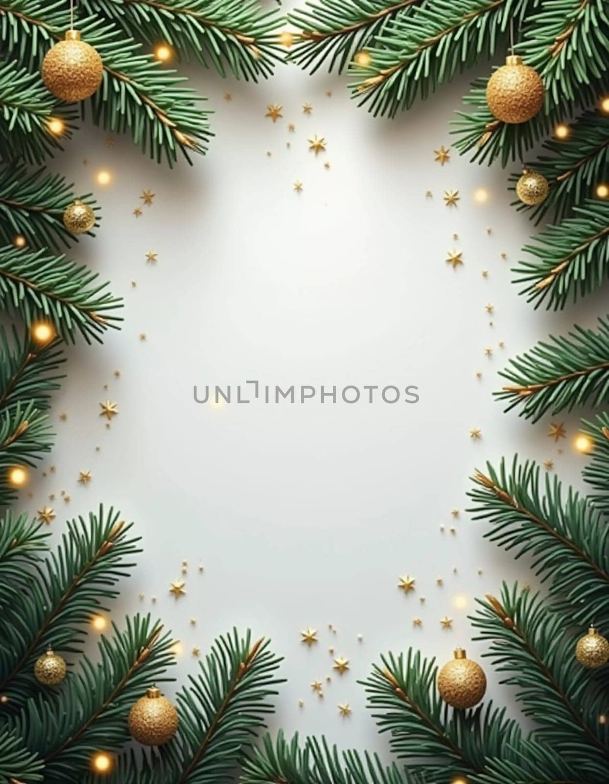 Fir tree branches create a festive border, with scattered golden stars and lights enhancing the joyful atmosphere of Christmas and New Year celebrations, evoking warmth and cheer. Generative AI.