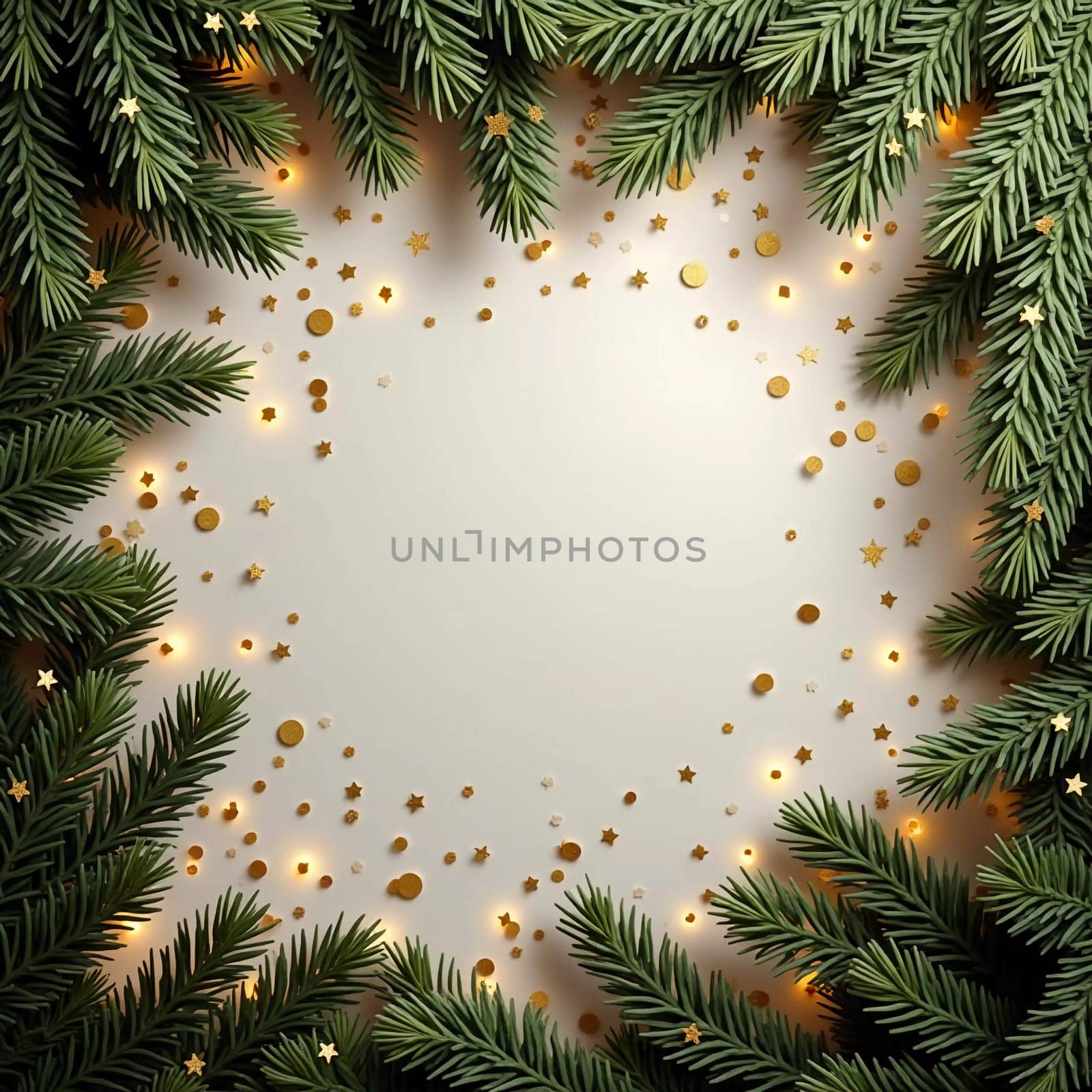 Fir tree branches create a festive border, with scattered golden stars and lights enhancing the joyful atmosphere of Christmas and New Year celebrations, evoking warmth and cheer. Generative AI.