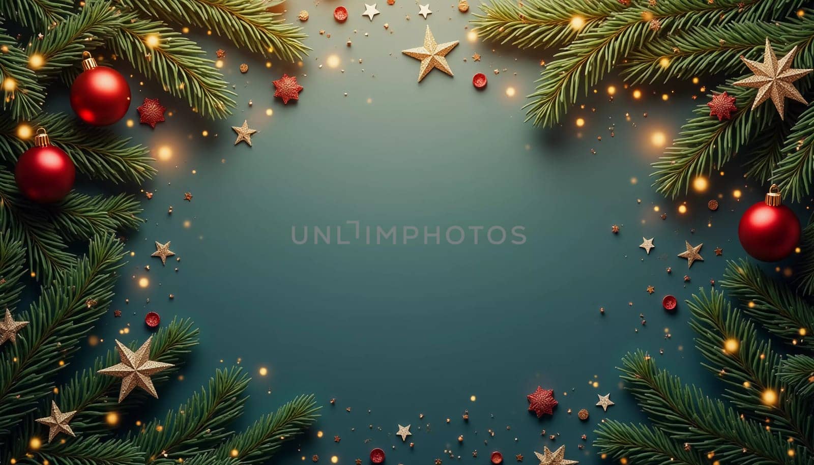 Fir tree branches frame a serene green backdrop, adorned with golden ornaments and stars, creating a warm, inviting atmosphere perfect for holiday festivities and celebrations. Generative AI.