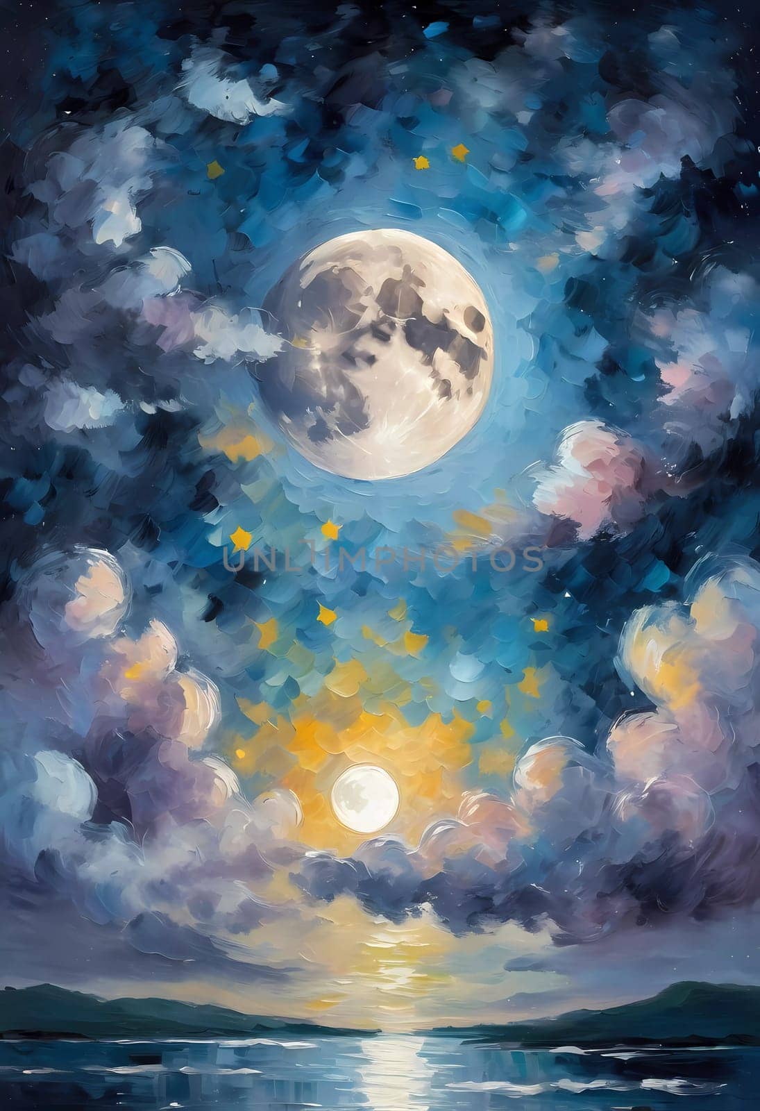 A full moon illuminates a night sky filled with fluffy clouds painted in varying shades of blue, purple, and soft white. Twinkling stars add a magical touch to this serene scene. Generative AI.