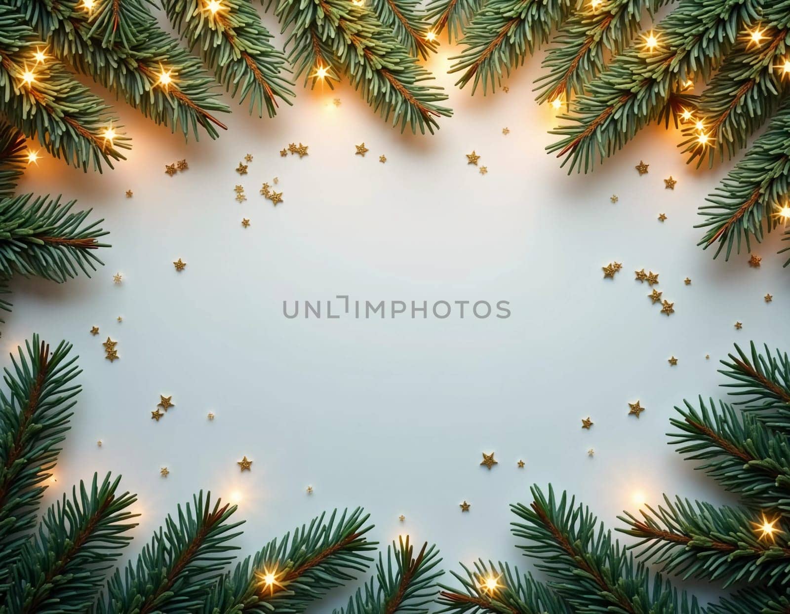 Fir tree branches frame a serene blue backdrop, adorned with golden ornaments and stars, creating a warm, inviting atmosphere perfect for holiday festivities and celebrations. Generative AI.