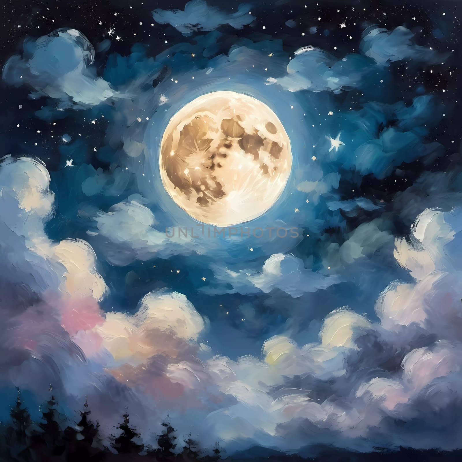 A full moon illuminates a night sky filled with fluffy clouds painted in varying shades of blue, purple, and soft white. Twinkling stars add a magical touch to this serene scene. Generative AI.