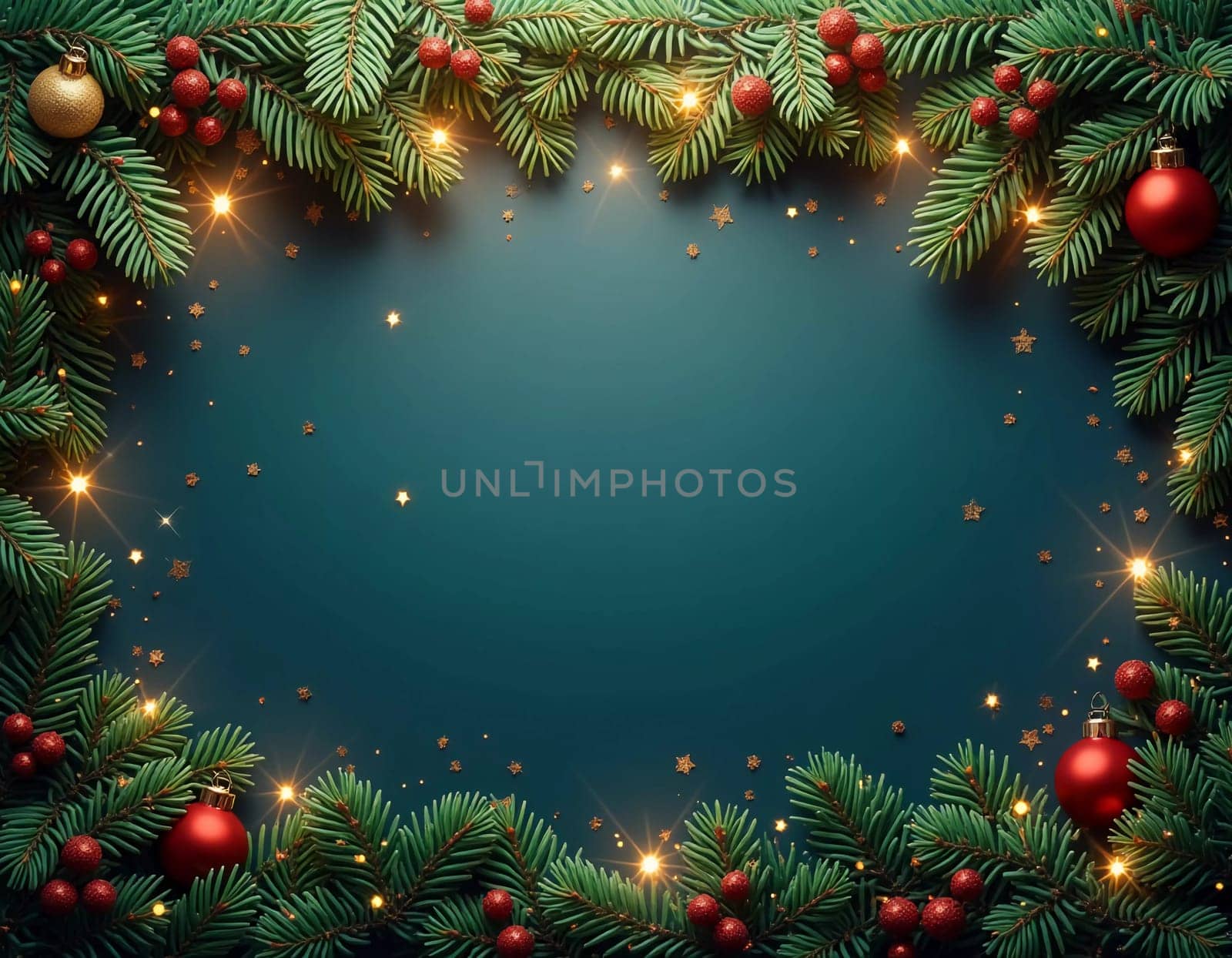Fir tree branches frame a serene green backdrop, adorned with golden ornaments and stars, creating a warm, inviting atmosphere perfect for holiday festivities and celebrations. Generative AI.