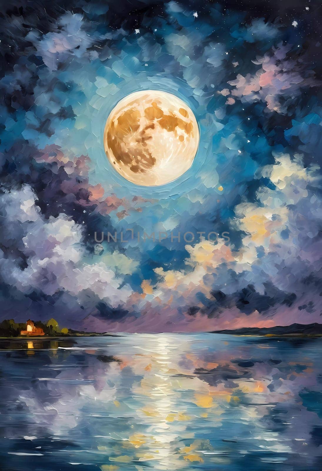 A full moon illuminates a night sky filled with fluffy clouds painted in varying shades of blue, purple, and soft white. Twinkling stars add a magical touch to this serene scene. Generative AI.
