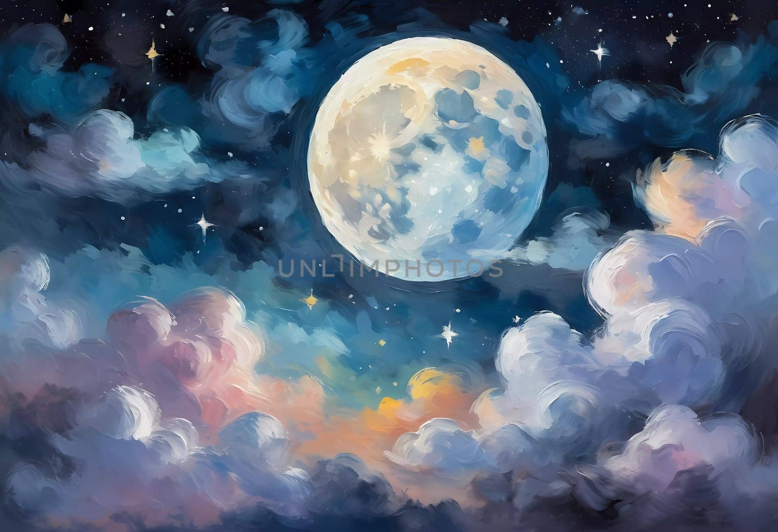 A full moon illuminates a night sky filled with fluffy clouds painted in varying shades of blue, purple, and soft white. Twinkling stars add a magical touch to this serene scene. Generative AI.