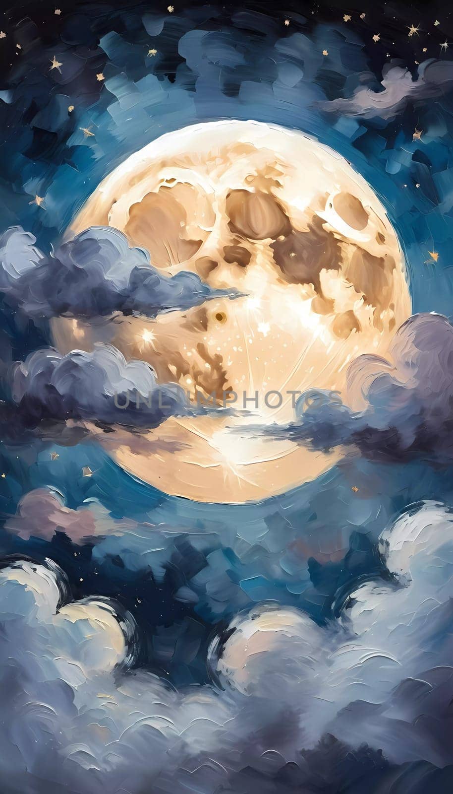 A full moon illuminates a night sky filled with fluffy clouds painted in varying shades of blue, purple, and soft white. Twinkling stars add a magical touch to this serene scene. Generative AI.