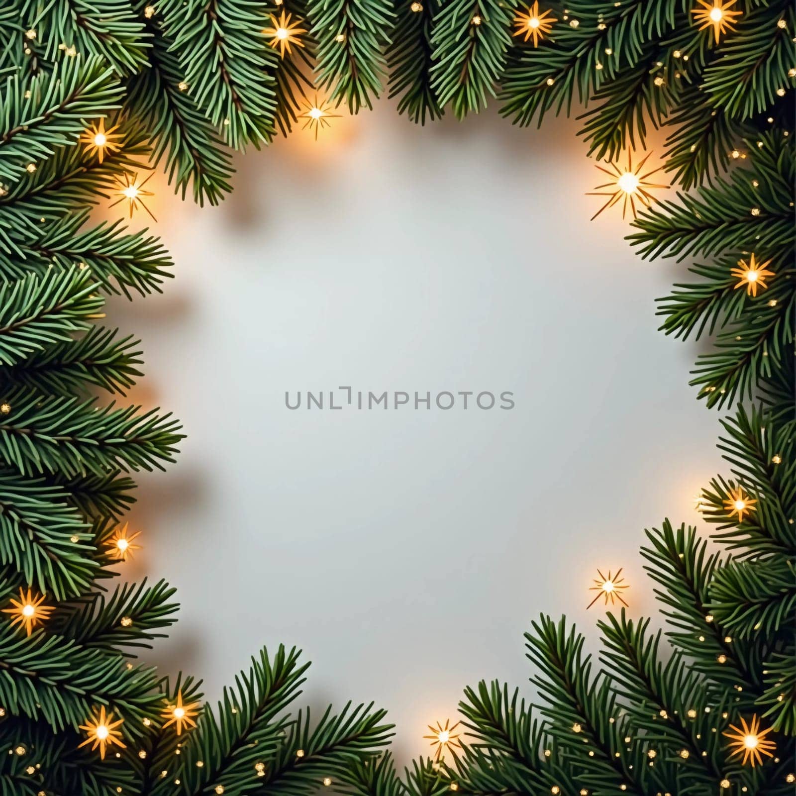 Fir tree branches create a festive border, with scattered golden stars and lights enhancing the joyful atmosphere of Christmas and New Year celebrations, evoking warmth and cheer. Generative AI.