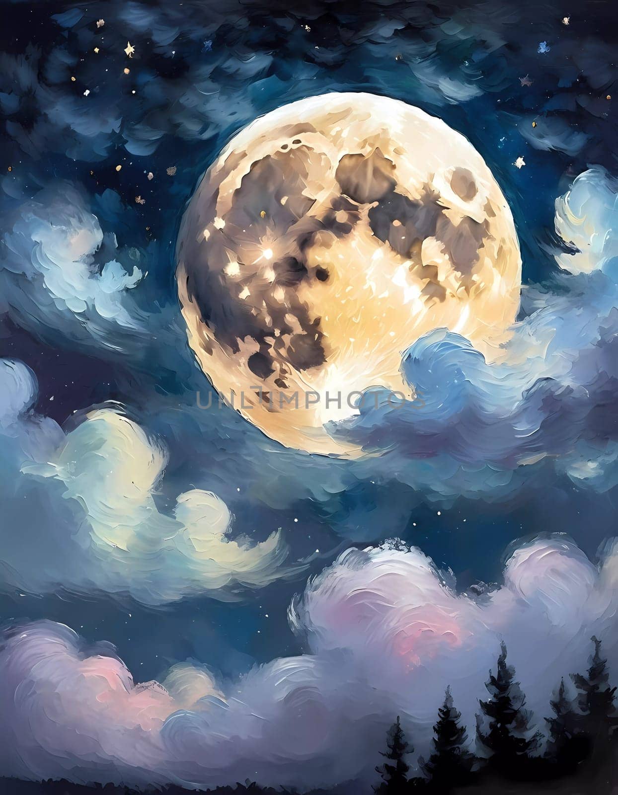 A full moon illuminates a night sky filled with fluffy clouds painted in varying shades of blue, purple, and soft white. Twinkling stars add a magical touch to this serene scene. Generative AI.