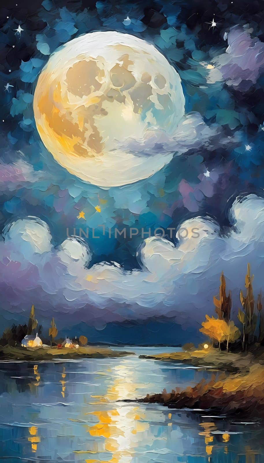 A full moon illuminates a night sky filled with fluffy clouds painted in varying shades of blue, purple, and soft white. Twinkling stars add a magical touch to this serene scene. Generative AI.