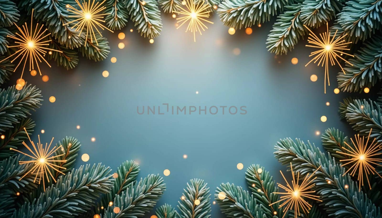 Fir tree branches frame a serene blue backdrop, adorned with golden ornaments and stars, creating a warm, inviting atmosphere perfect for holiday festivities and celebrations. Generative AI.