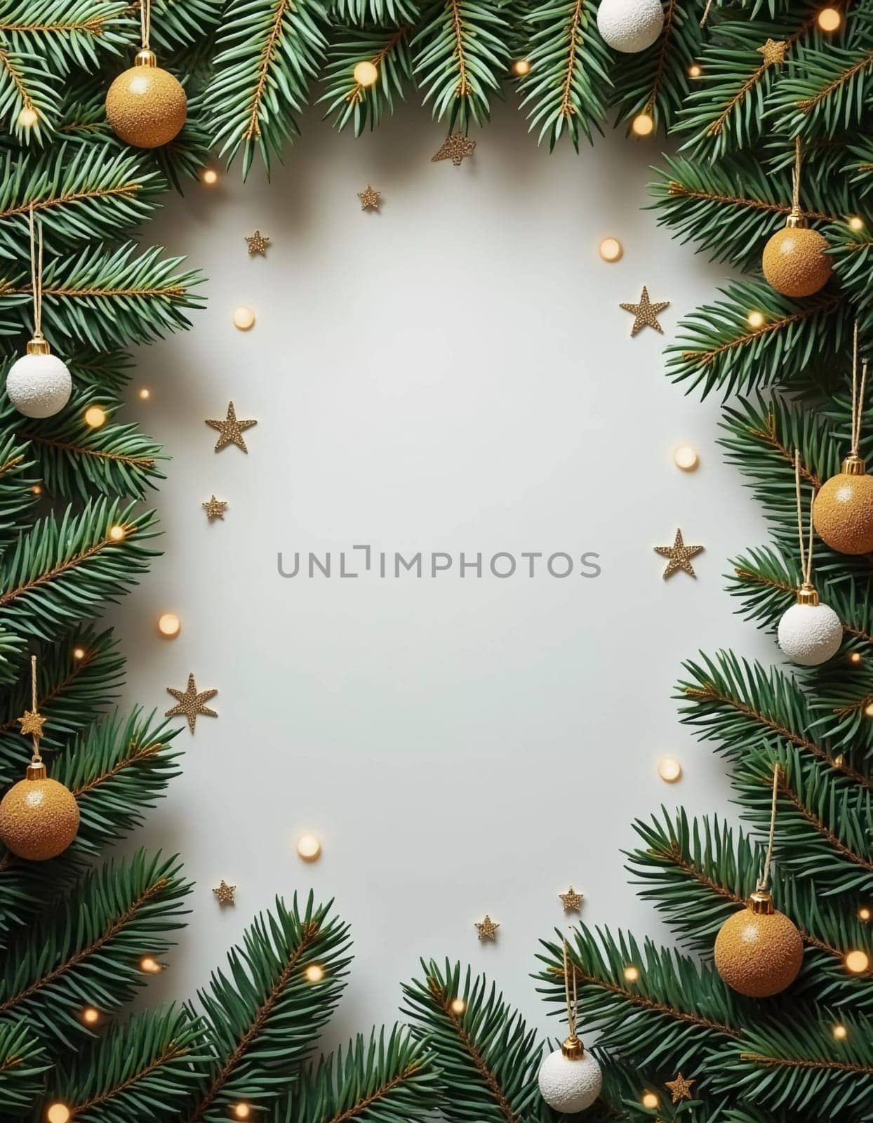 Fir tree branches create a festive border, with scattered golden stars and lights enhancing the joyful atmosphere of Christmas and New Year celebrations, evoking warmth and cheer. Generative AI.