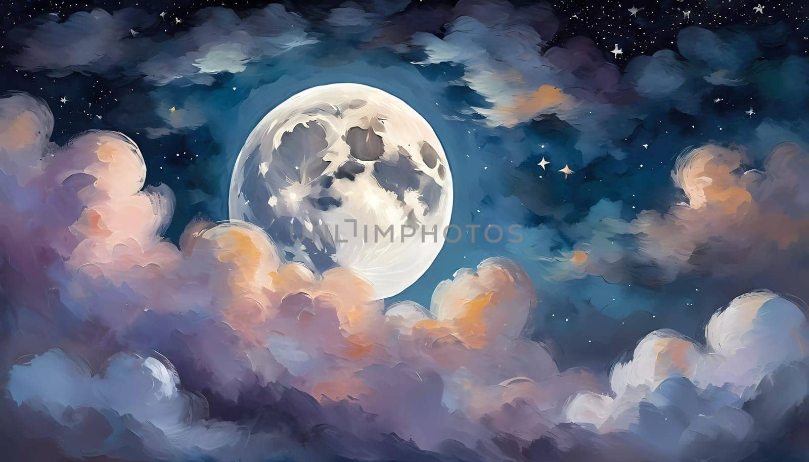 A full moon illuminates a night sky filled with fluffy clouds painted in varying shades of blue, purple, and soft white. Twinkling stars add a magical touch to this serene scene. Generative AI.
