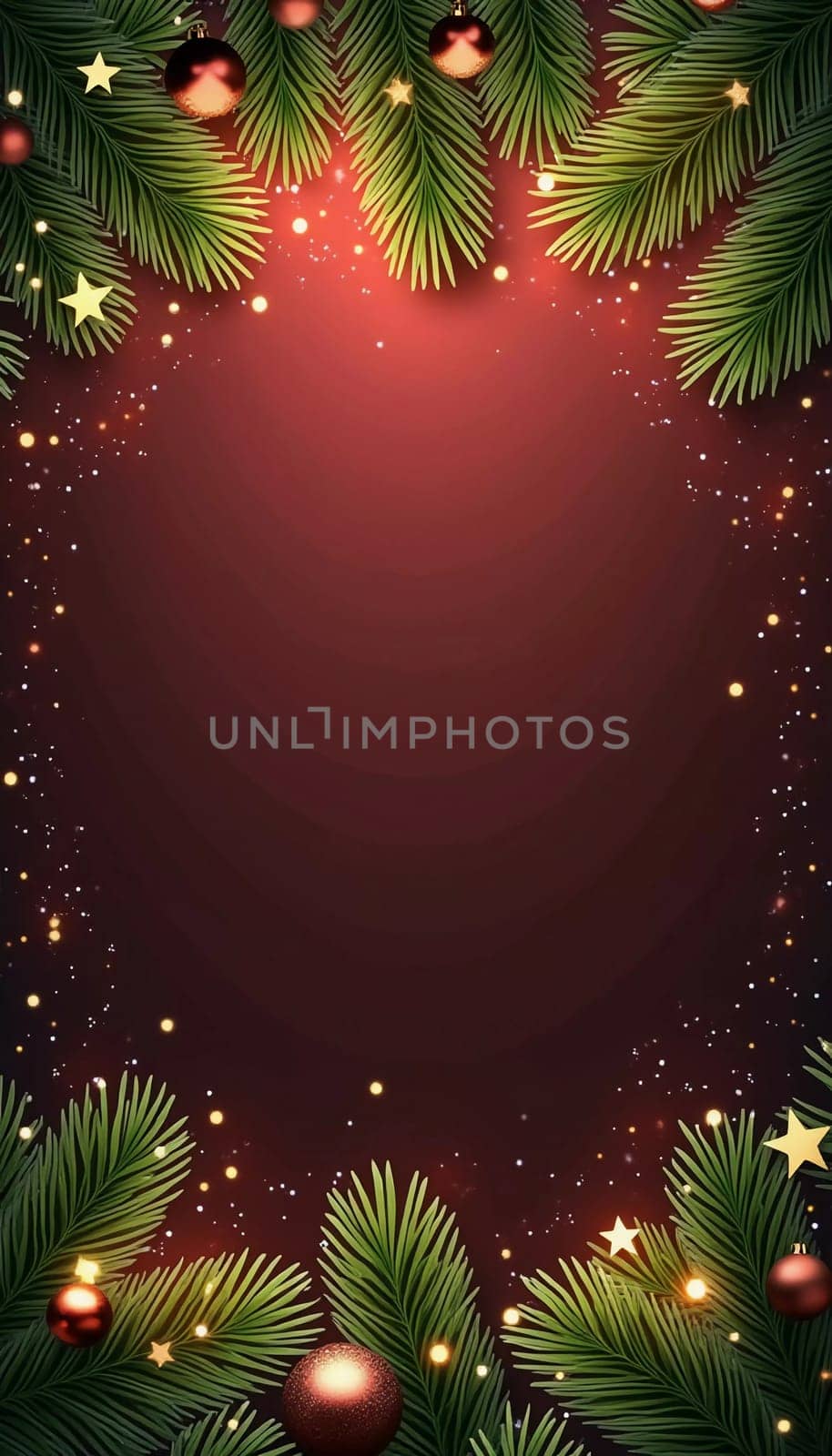 Beautiful arrangement of fir tree branches framing a warm red background, adorned with sparkling stars and ornaments, perfect for festive designs or holiday greetings. Generative AI.