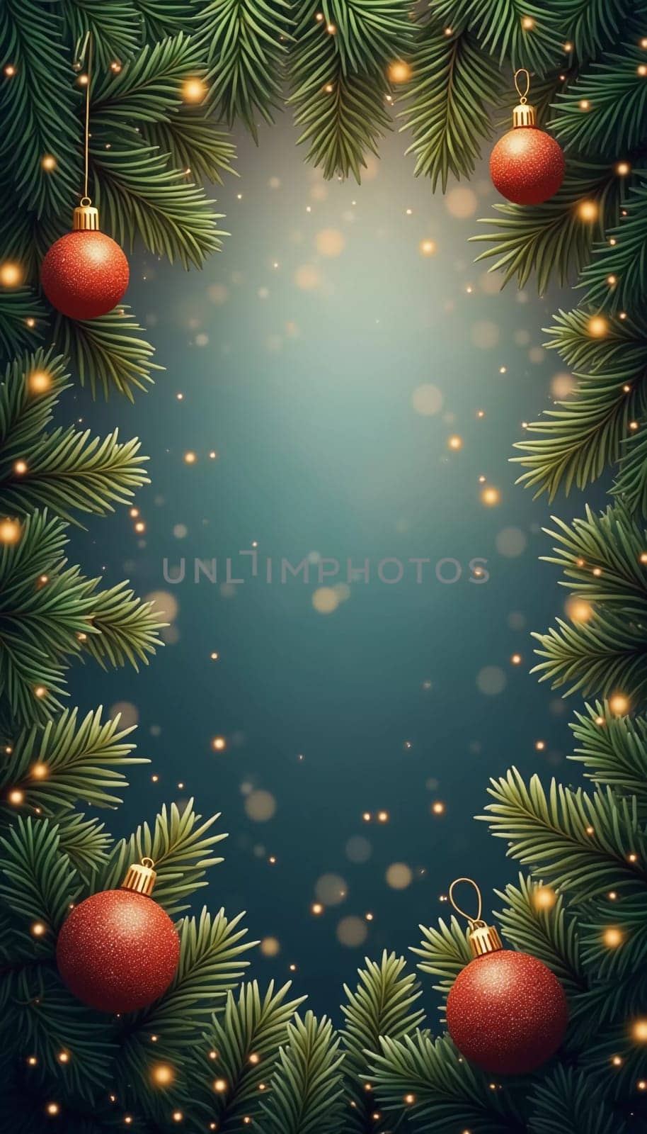 Fir tree branches frame a serene green backdrop, adorned with golden ornaments and stars, creating a warm, inviting atmosphere perfect for holiday festivities and celebrations. Generative AI.