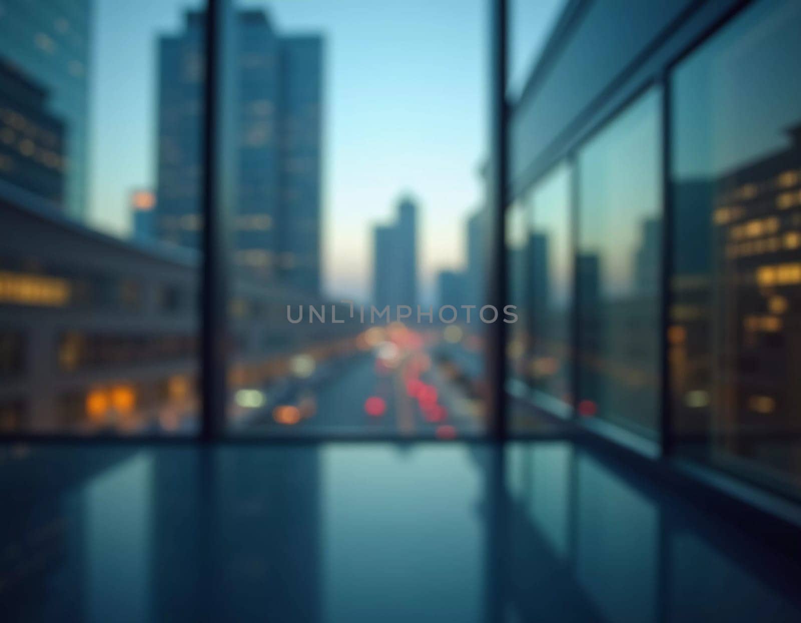 A blurred perspective showcases a modern city skyline through a glass wall during twilight, revealing the vibrancy and complexity of urban life. The fading light reflects city energy. Generative AI.