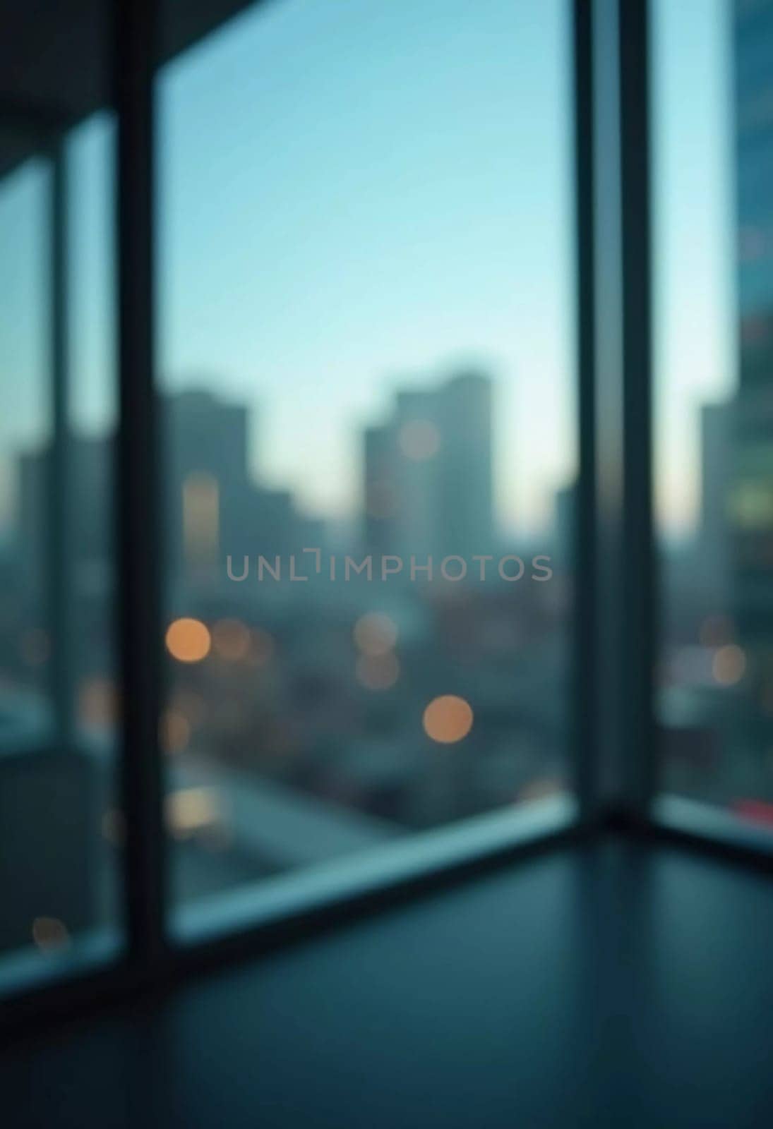 A blurred perspective showcases a modern city skyline through a glass wall during twilight, revealing the vibrancy and complexity of urban life. The fading light reflects city energy. Generative AI.