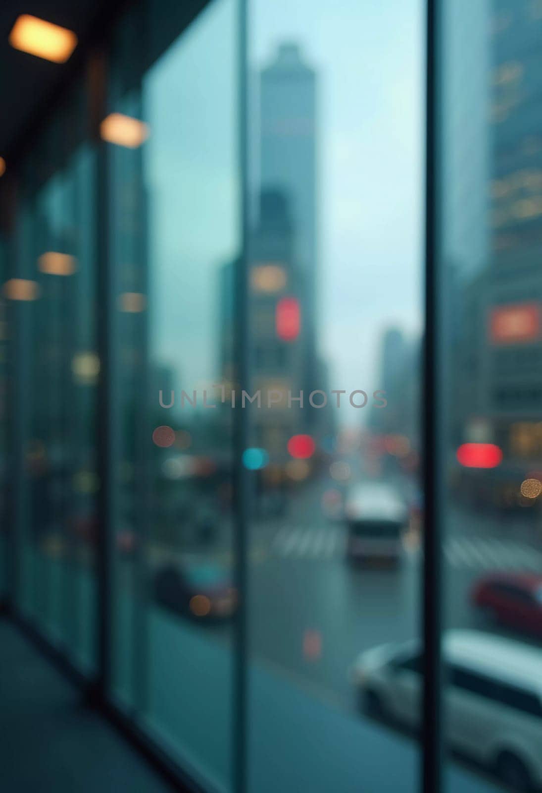 A blurred perspective showcases a modern city skyline through a glass wall during twilight, revealing the vibrancy and complexity of urban life. The fading light reflects city energy. Generative AI.