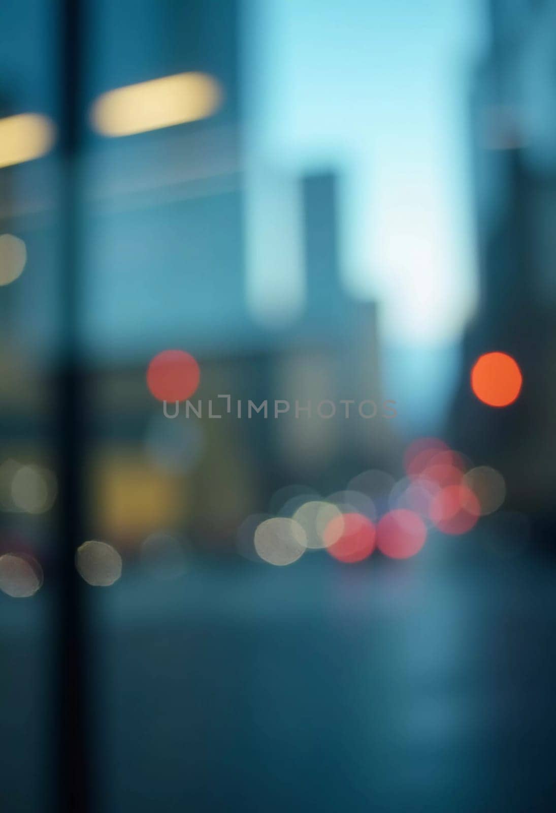 A blurred perspective showcases a modern city skyline through a glass wall during twilight, revealing the vibrancy and complexity of urban life. The fading light reflects city energy. Generative AI.