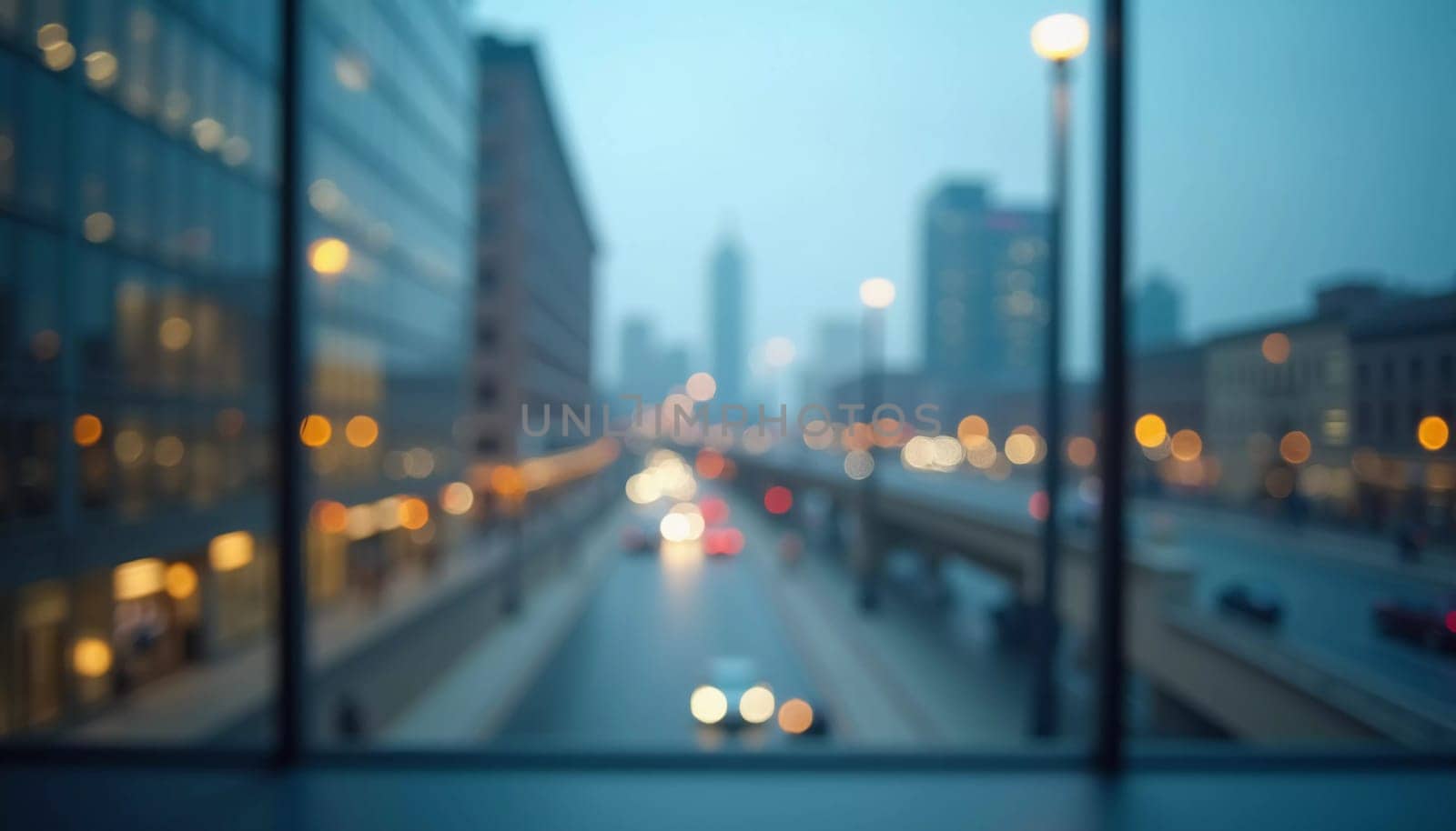 A blurred perspective showcases a modern city skyline through a glass wall during twilight, revealing the vibrancy and complexity of urban life. The fading light reflects city energy. Generative AI.