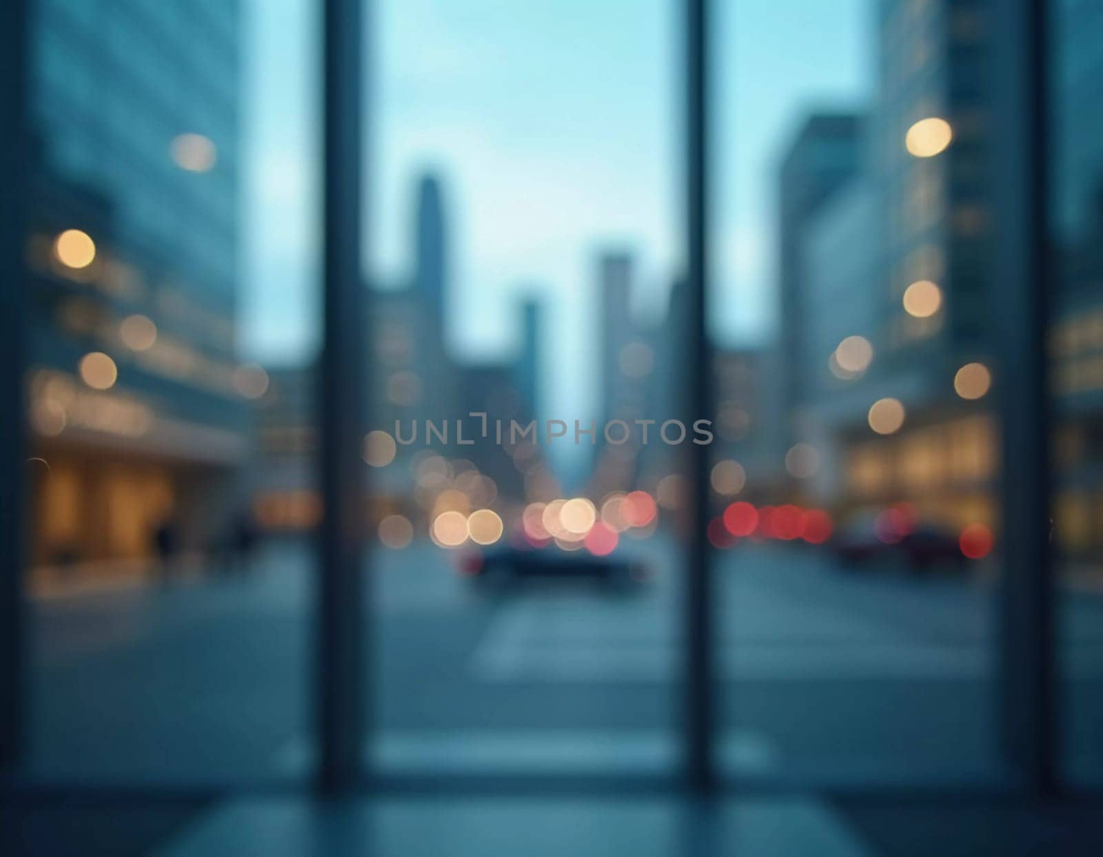 A blurred perspective showcases a modern city skyline through a glass wall during twilight, revealing the vibrancy and complexity of urban life. The fading light reflects city energy. Generative AI.