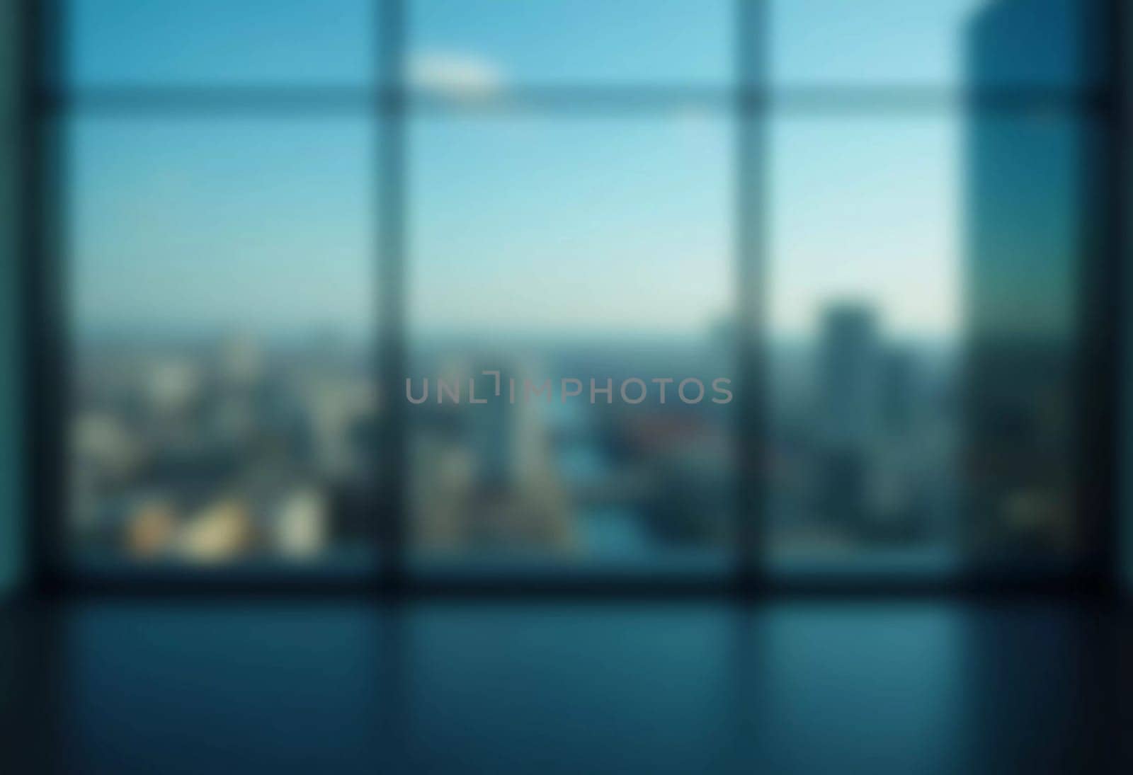 A blurred perspective showcases a modern city skyline through a glass wall during twilight, revealing the vibrancy and complexity of urban life. The fading light reflects city energy. Generative AI.