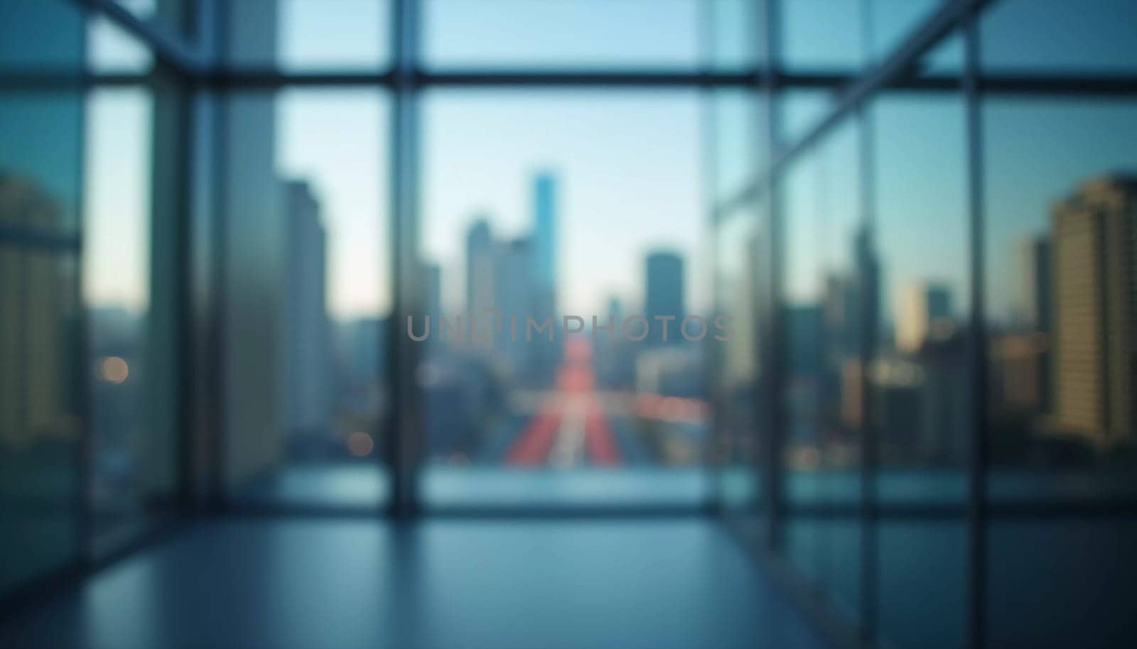 A blurred perspective showcases a modern city skyline through a glass wall during twilight, revealing the vibrancy and complexity of urban life. The fading light reflects city energy. Generative AI.