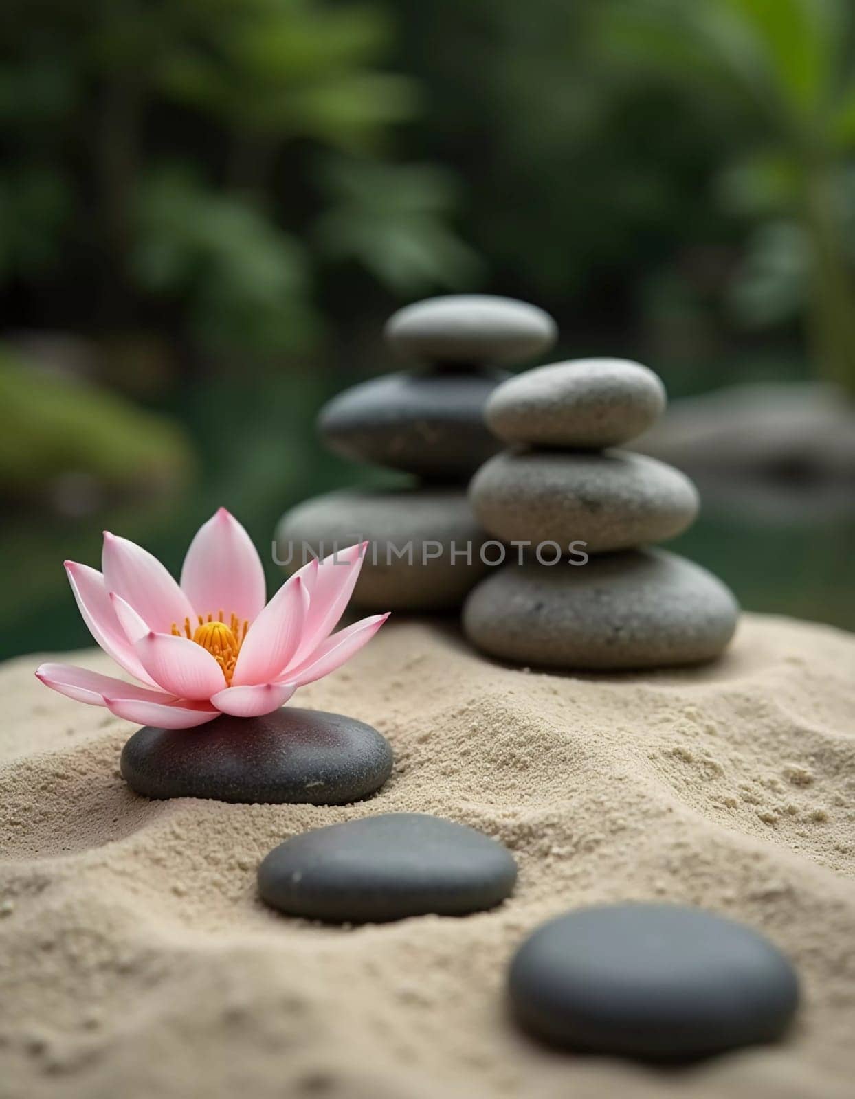 Smooth stones are carefully stacked beside a delicate white pink lily in a serene garden setting. Soft sunlight filters through the greenery, enhancing the peaceful vibe. Generative AI.