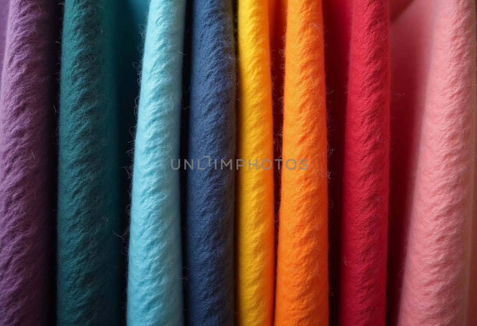 Various samples of woolen fabric in different colors are neatly organized, showcasing a vibrant palette ideal for textile design and creative projects. Generative AI.