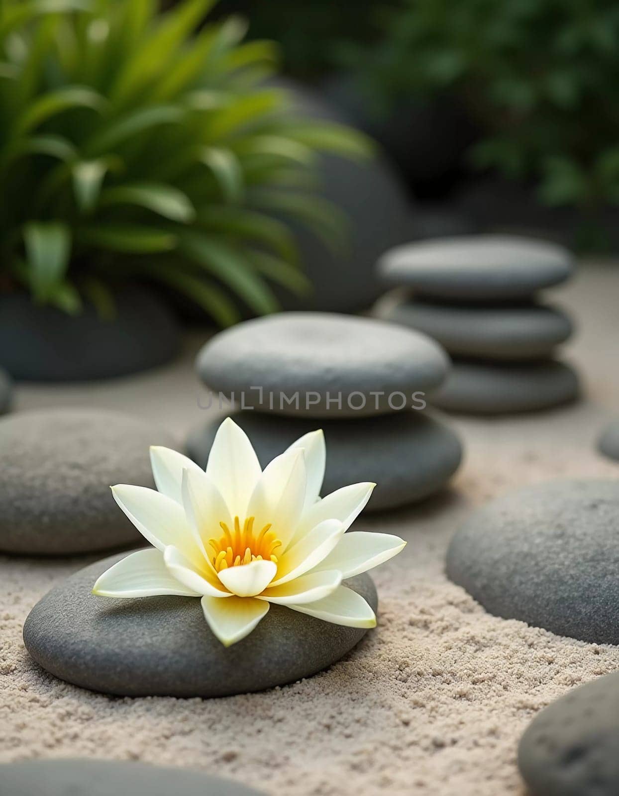 Smooth stones are carefully stacked beside a delicate white lily in a serene garden setting. Soft sunlight filters through the greenery, enhancing the peaceful vibe. Generative AI.