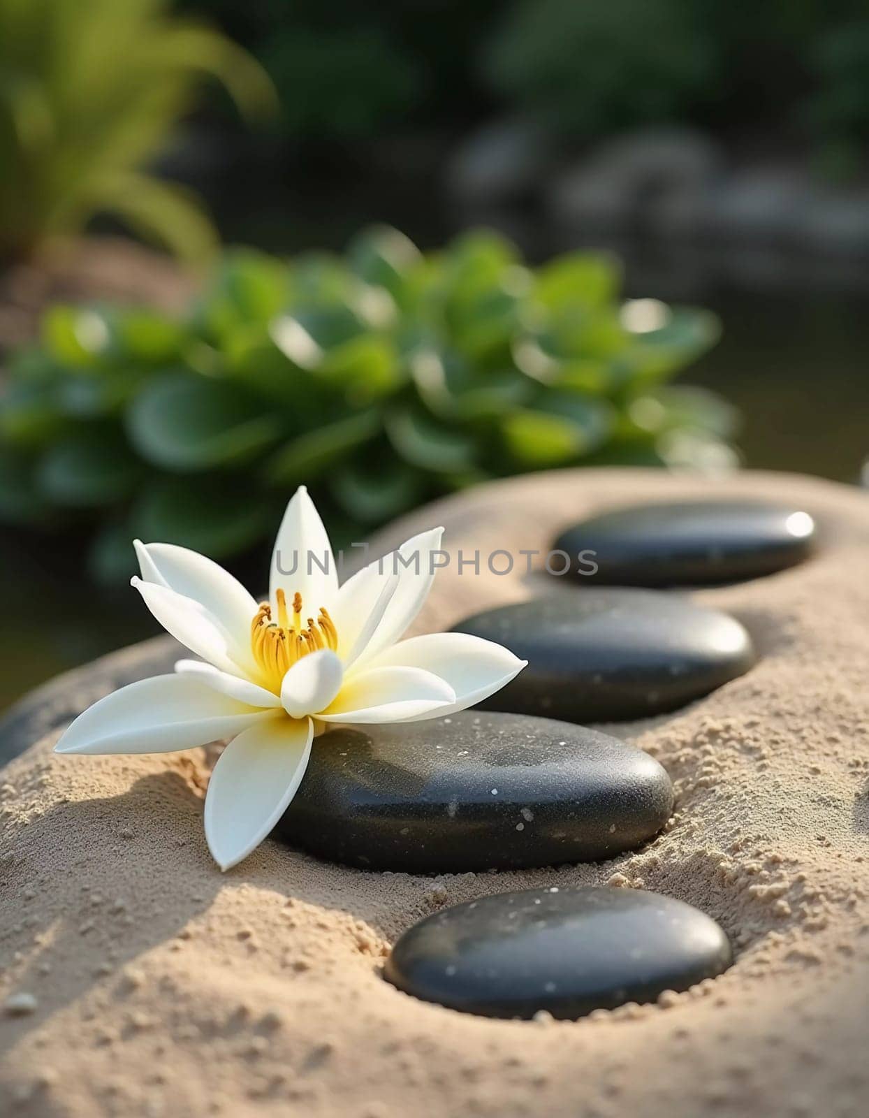 Smooth stones are carefully stacked beside a delicate white lily in a serene garden setting. Soft sunlight filters through the greenery, enhancing the peaceful vibe. Generative AI.