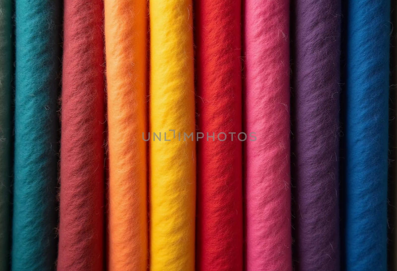 Various samples of woolen fabric in different colors are neatly organized, showcasing a vibrant palette ideal for textile design and creative projects. Generative AI.