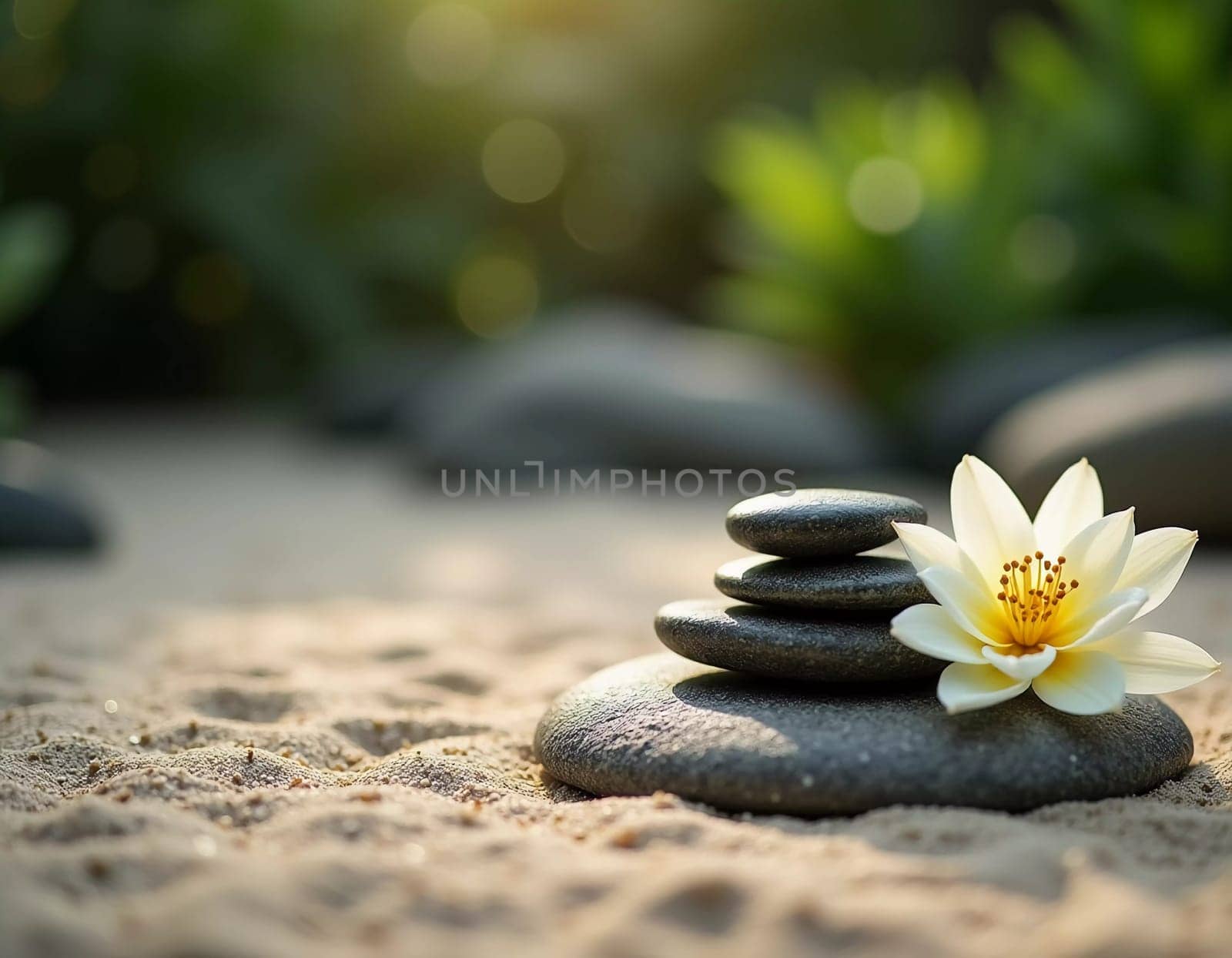 Smooth stones are carefully stacked beside a delicate white lily in a serene garden setting. Soft sunlight filters through the greenery, enhancing the peaceful vibe. Generative AI.