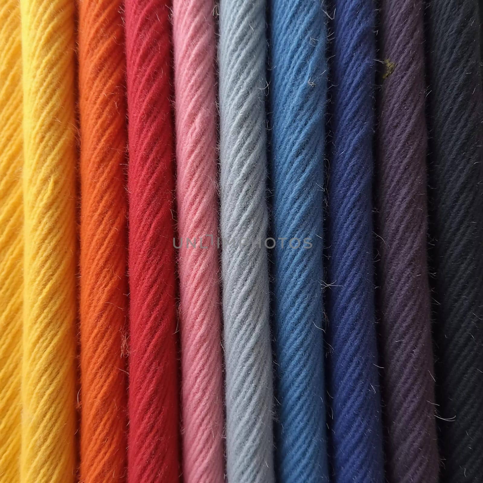 Various samples of woolen fabric in different colors are neatly organized, showcasing a vibrant palette ideal for textile design and creative projects. Generative AI.