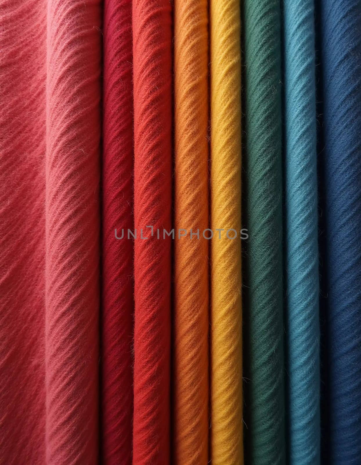 Various samples of woolen fabric in different colors are neatly organized, showcasing a vibrant palette ideal for textile design and creative projects. Generative AI.