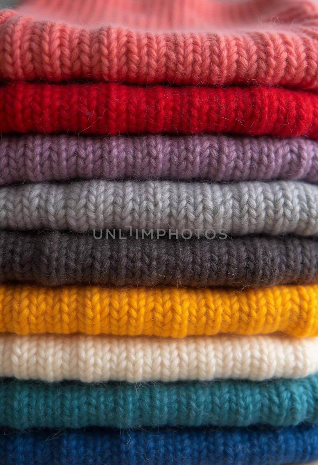 Various samples of woolen fabric in different colors are neatly organized, showcasing a vibrant palette ideal for textile design and creative projects. Generative AI.